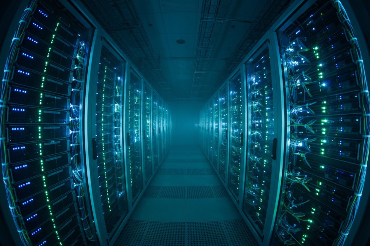 ultra-detailed, high-resolution, crisp edges WIDE ANGLED shot of an impressive server room with organized cabling, LEDs, dark atmosphere, cool glow 